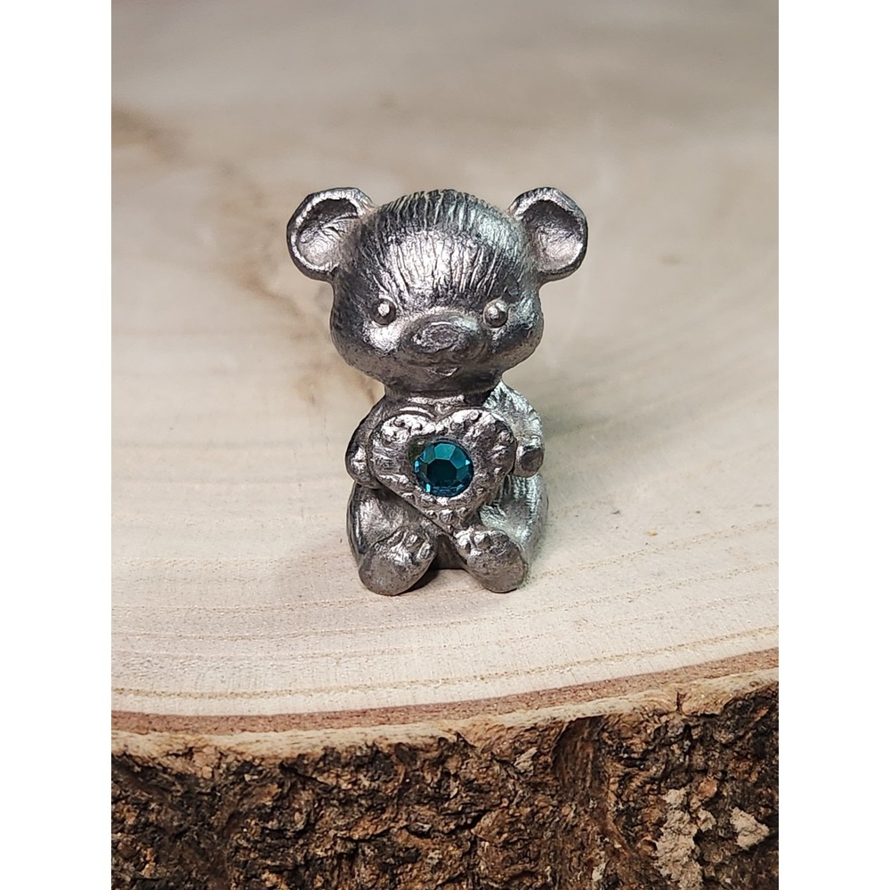 Vintage Pewter Bear Aqua Birthstone Miniature Heart Figurine Trinket Keepsake